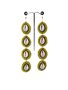 Long Handmade Beaded Cowrie Earrings Yellow