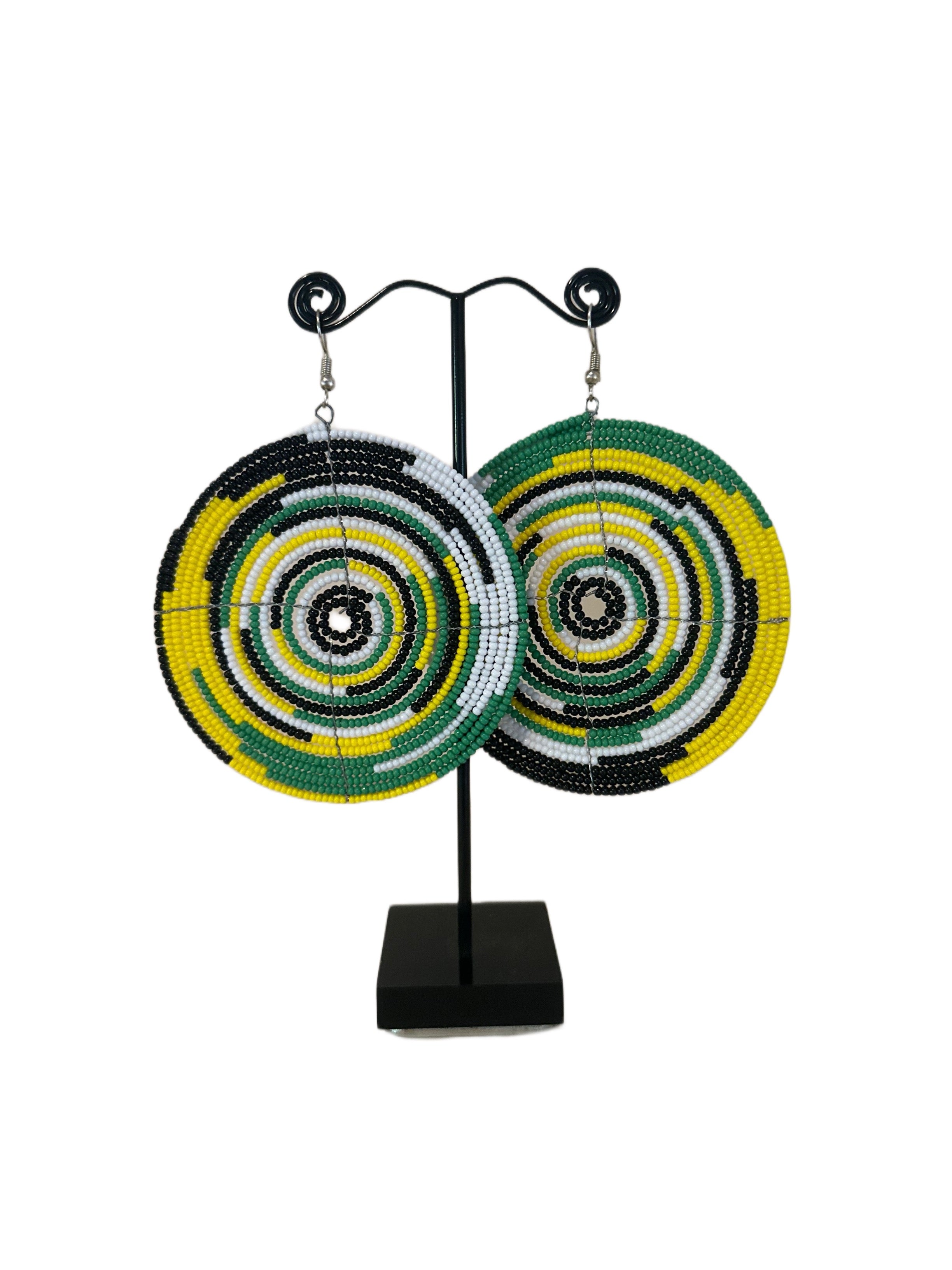 Handmade Beaded Circle Earrings Green/Yellow/Black