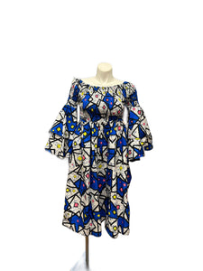 Smocked Top Ruffle Sleeve Multi Print Dress