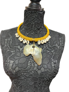 Yellow Leather & Cowrie Necklace with Large Brass Africa Pendant