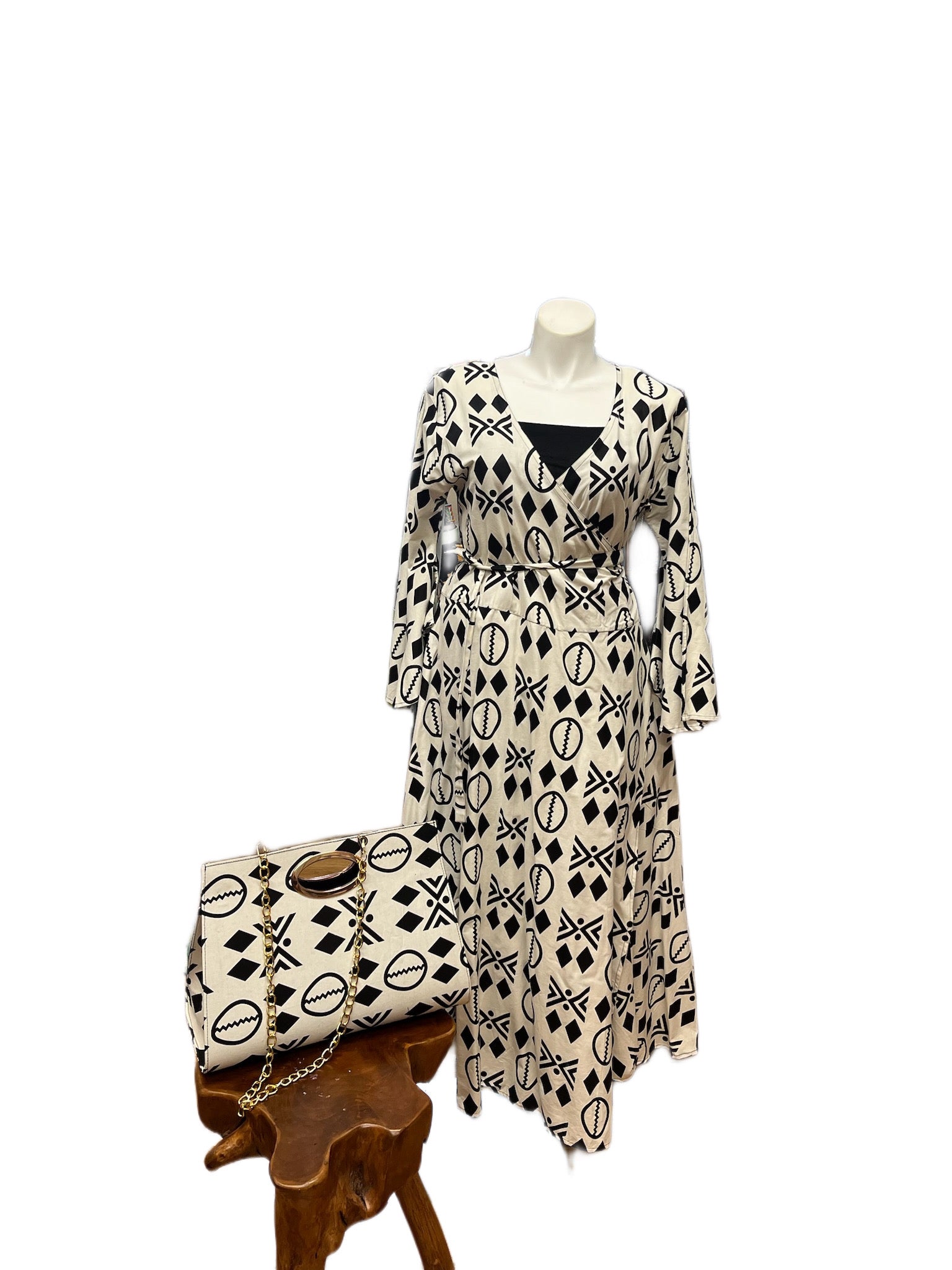 Black & White Wrap Dress Set with Bag