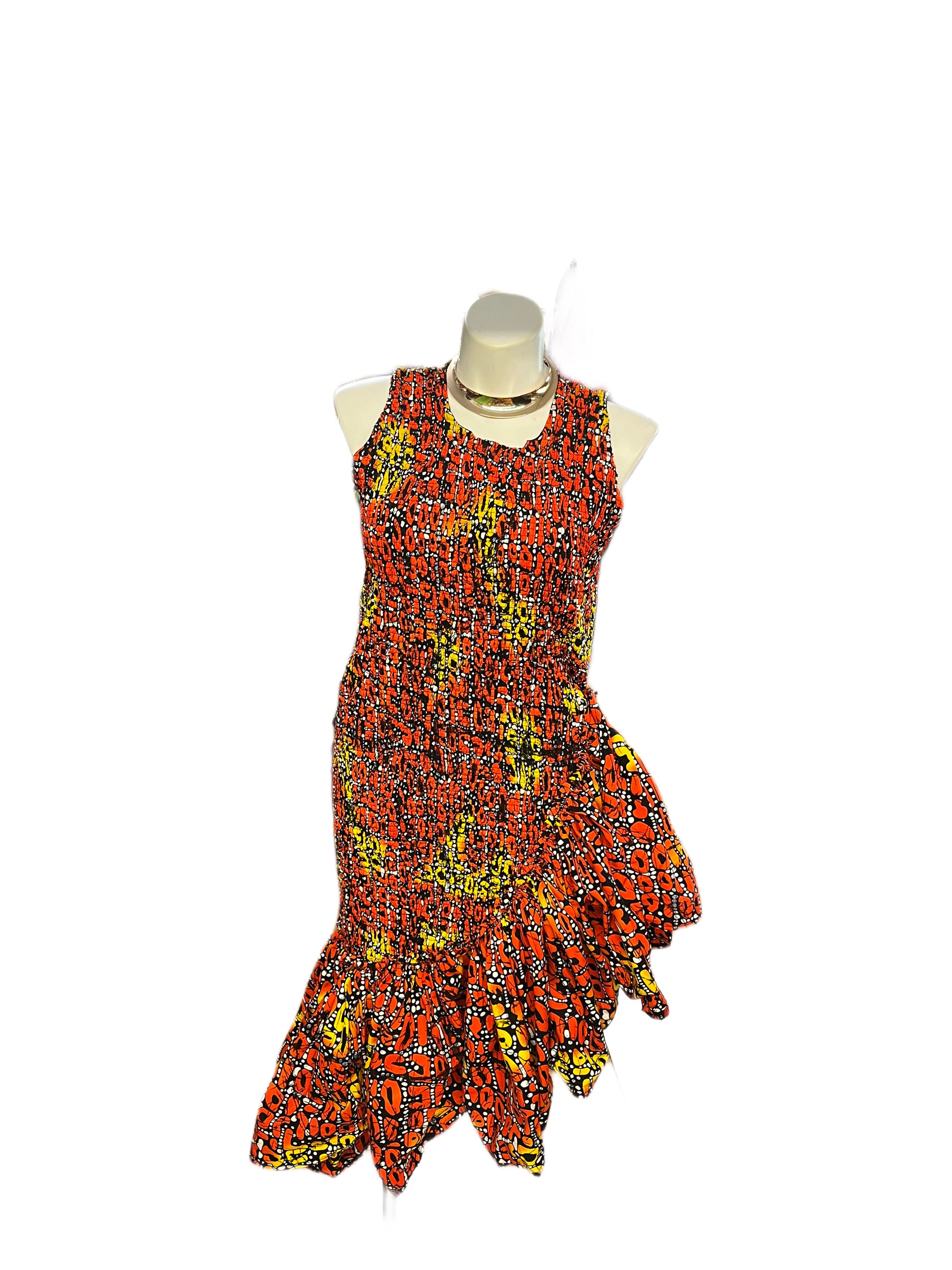 Smocked Ruffle Medi Dress Orange & Yellow Multi