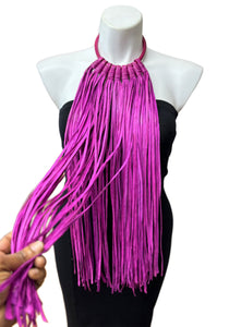 Long Fringe Pink/Purple Leather Neckpiece