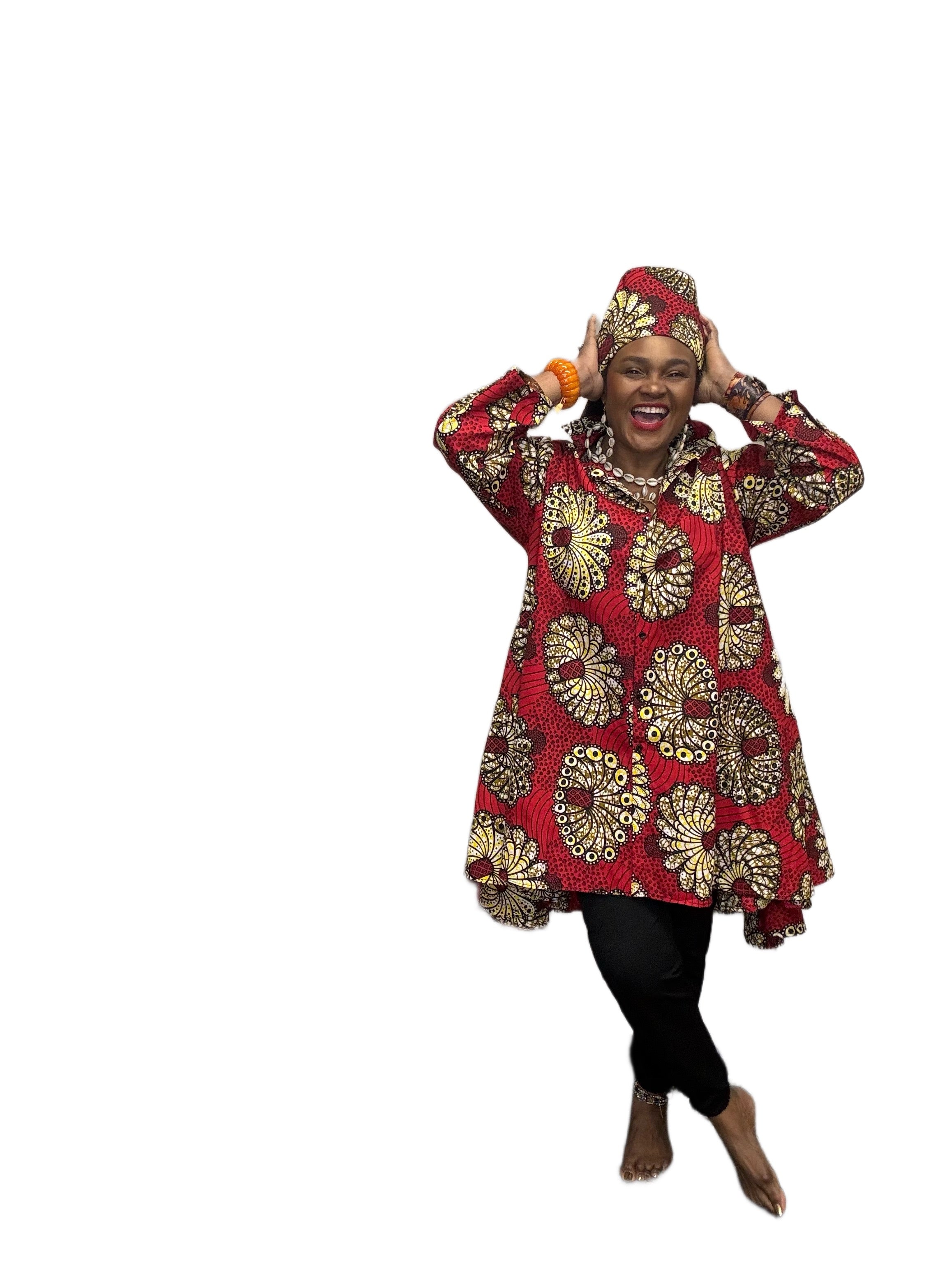 2 Piece Print Tunic With Pockets and Head Wrap