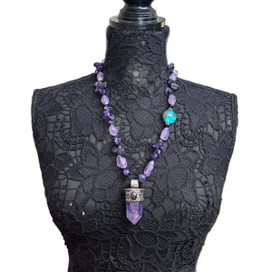 Handmade Chunky Deep Purple Amethyst, Lavender Amethyst, & Turquoise Necklace