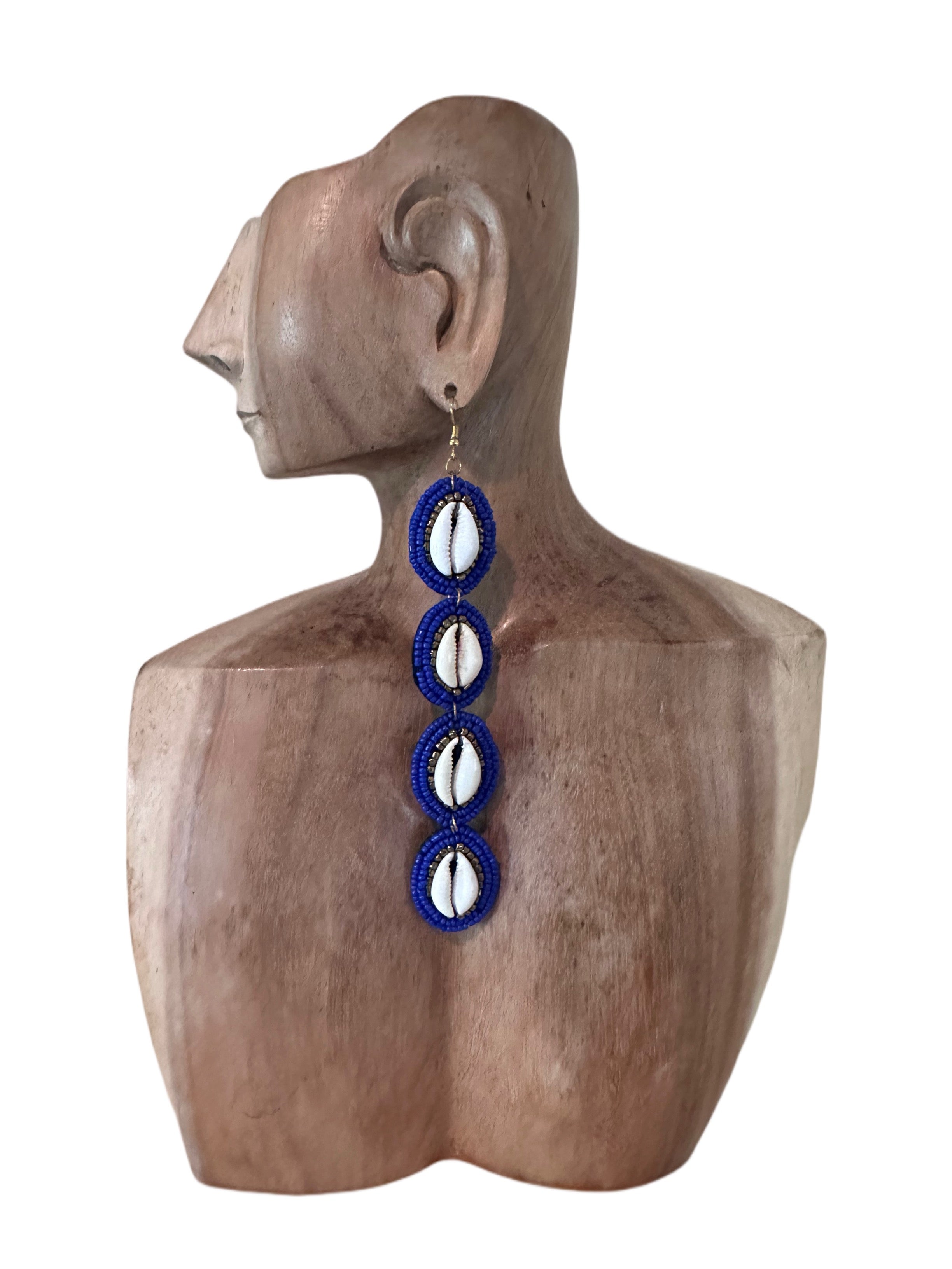 Long Handmade Beaded Cowrie Earrings Blue