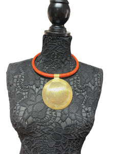 Orange Woven Leather & Large Brass Pendant Necklace