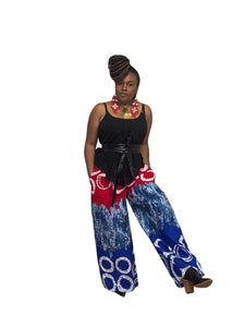 2 Piece Handmade Batik Top & Wide Leg Pant Set Red White & Blue Multi