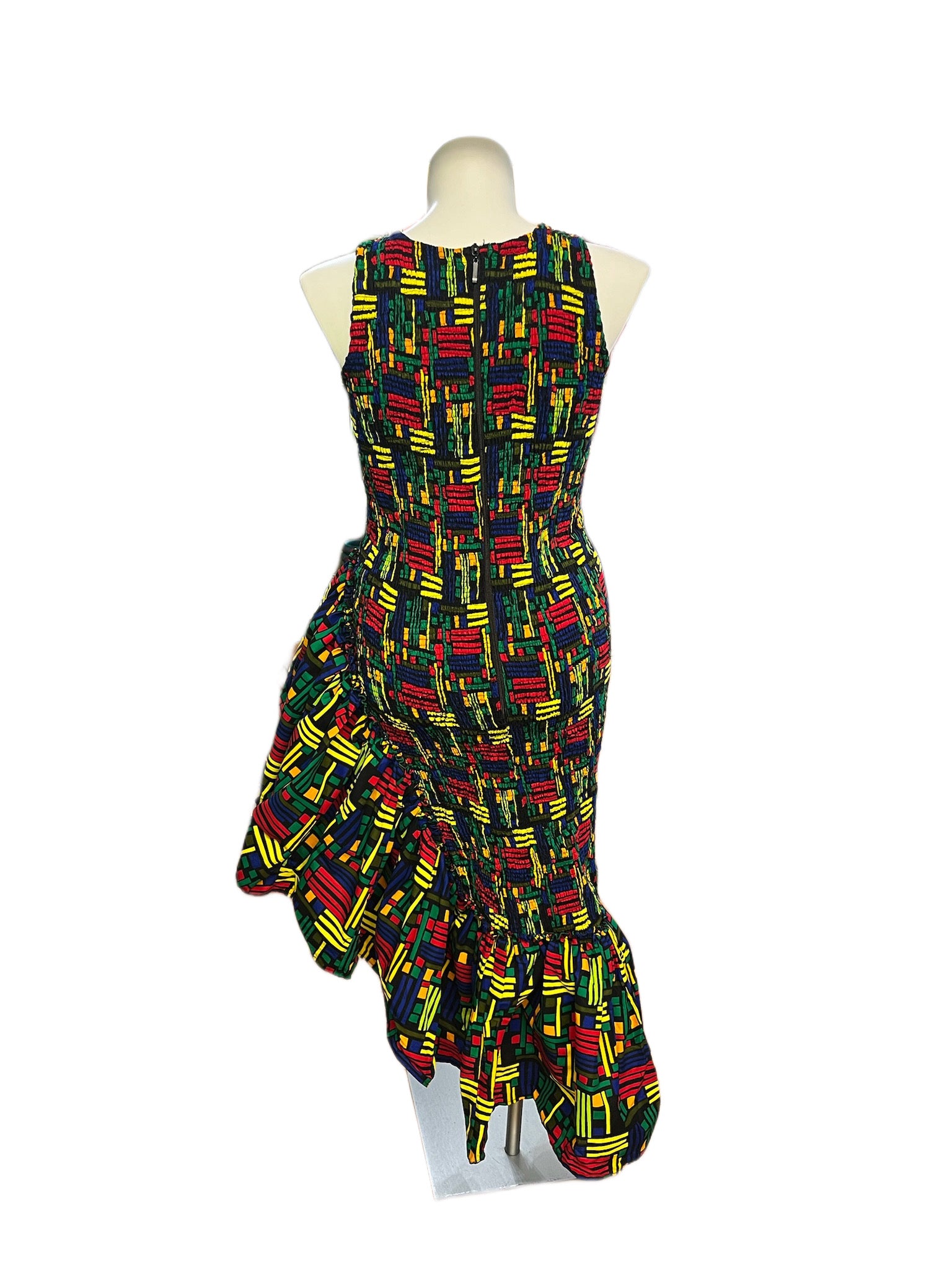 Smocked Ruffle Medi Dress Yellow Red & Green Print