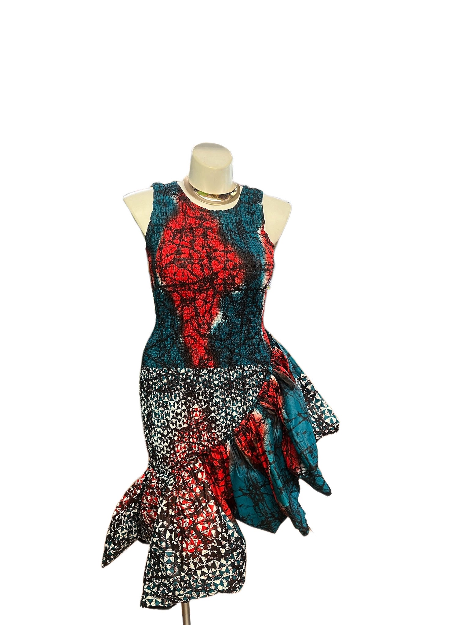 Smocked Ruffle Medi Dress Red & Turq Multi Print