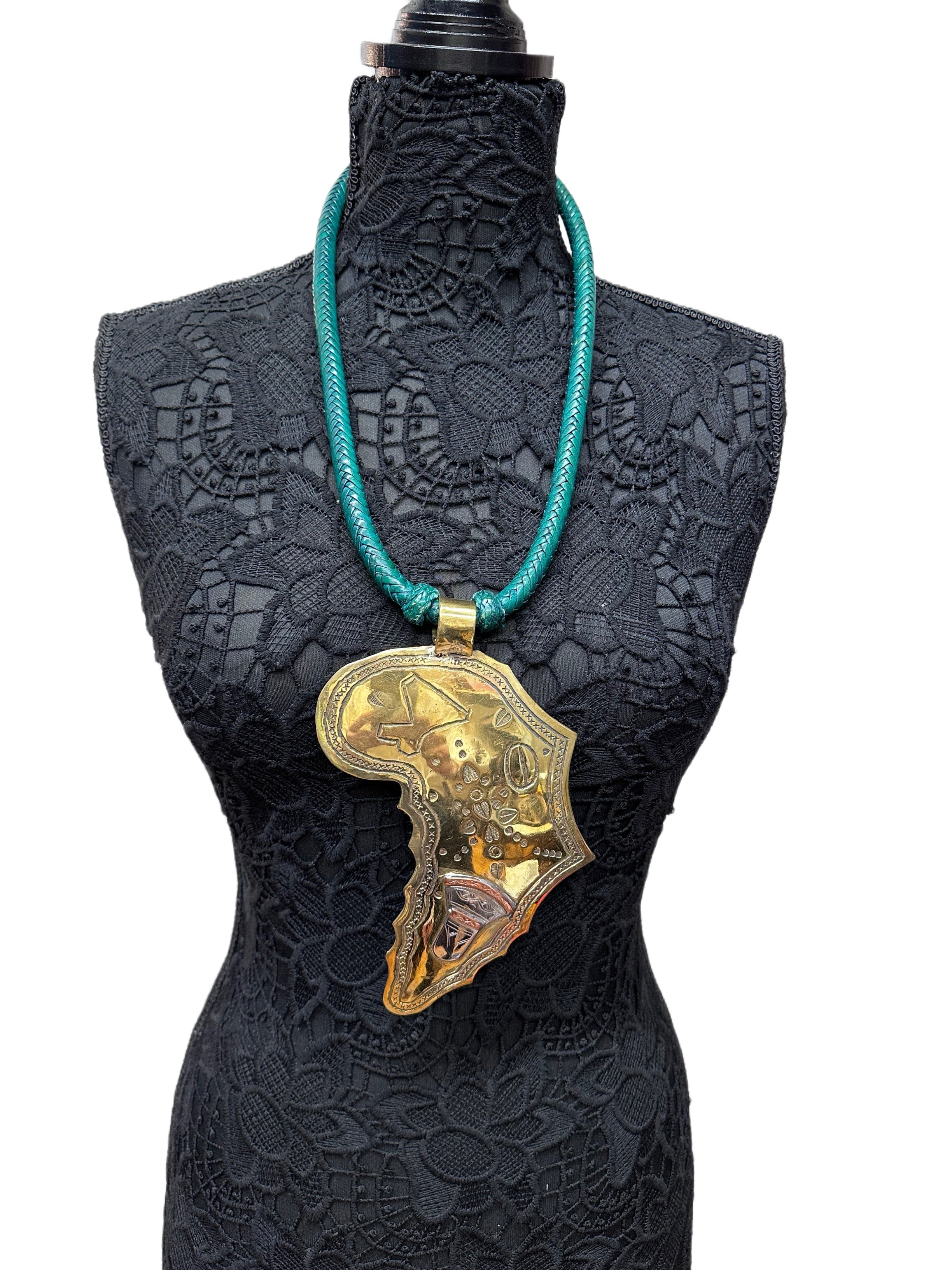Green Leather Necklace with Extra Large Brass & Pewter Africa Pendant