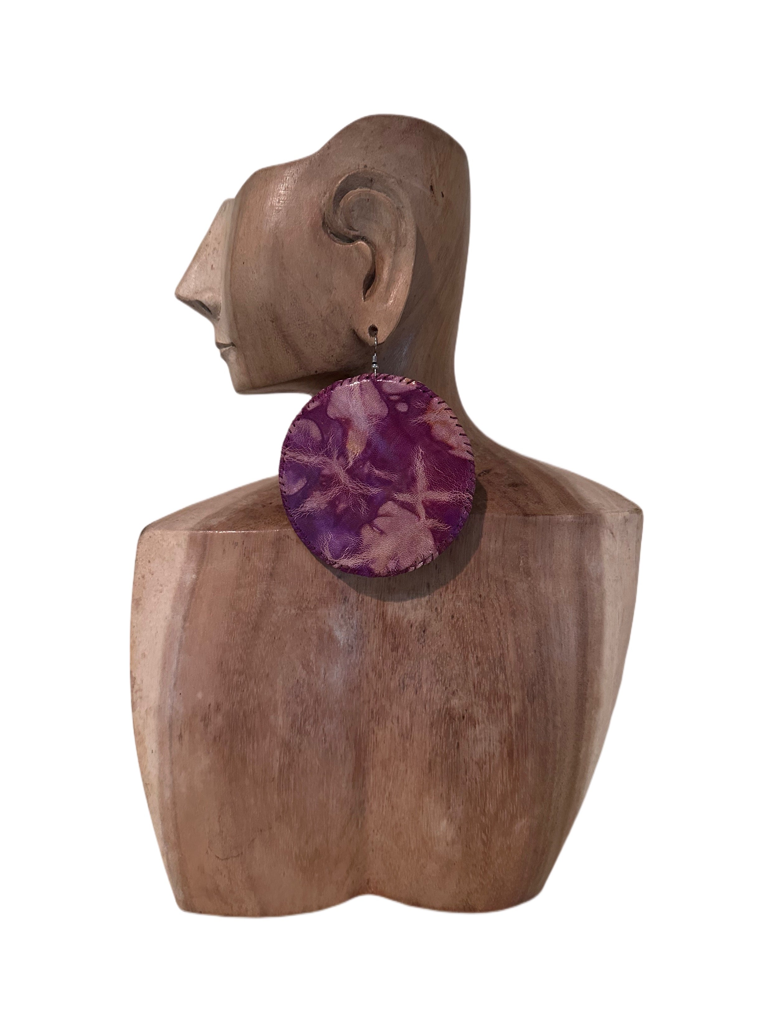 Large Leather Purple Tie-Dye Circle Earring