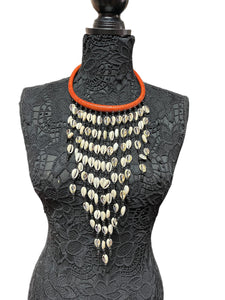 Orange Woven Leather Necklace with Cascading Cowrie Shells