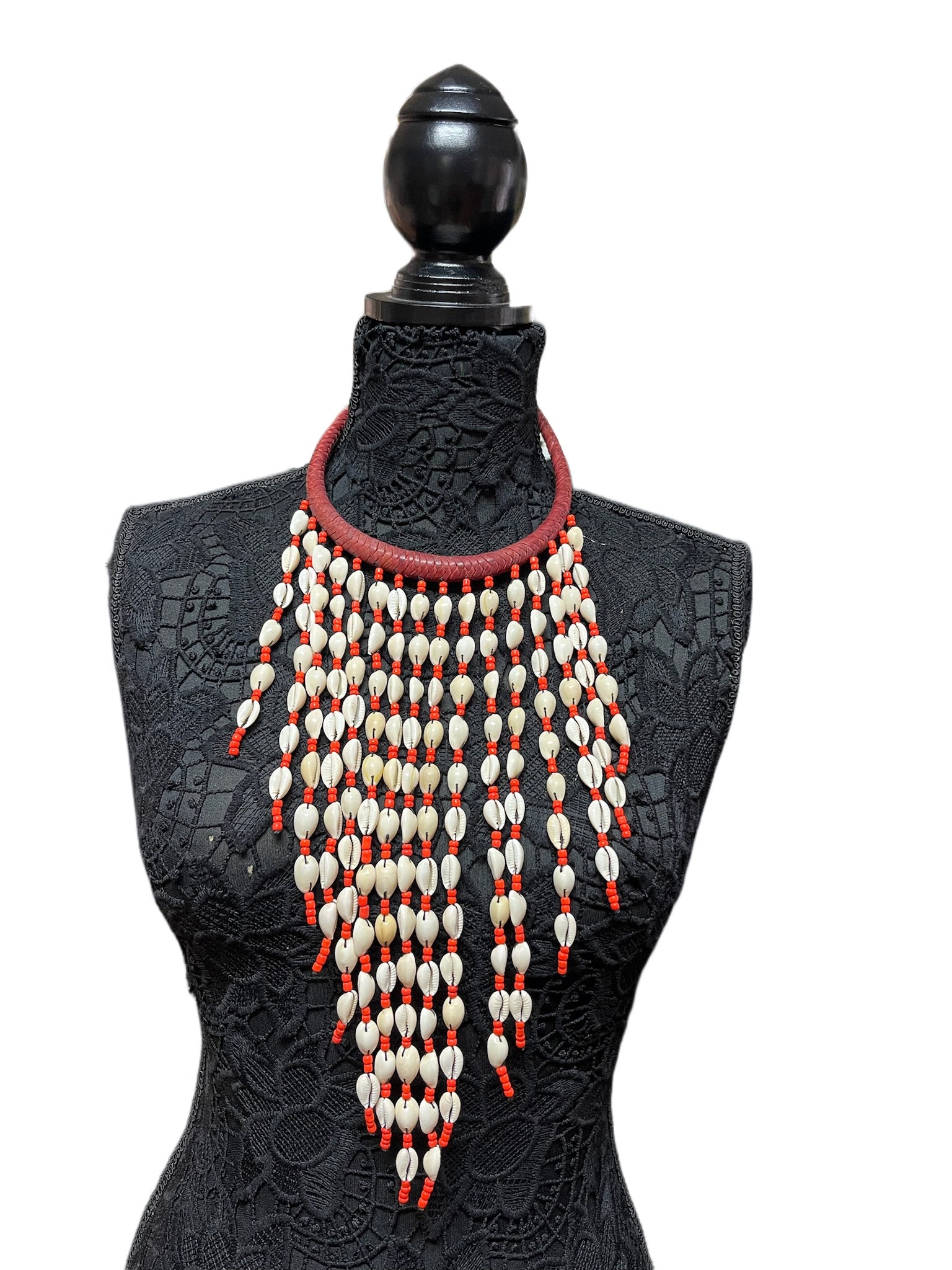 Red Woven Leather Necklace with Cascading Cowrie Shells