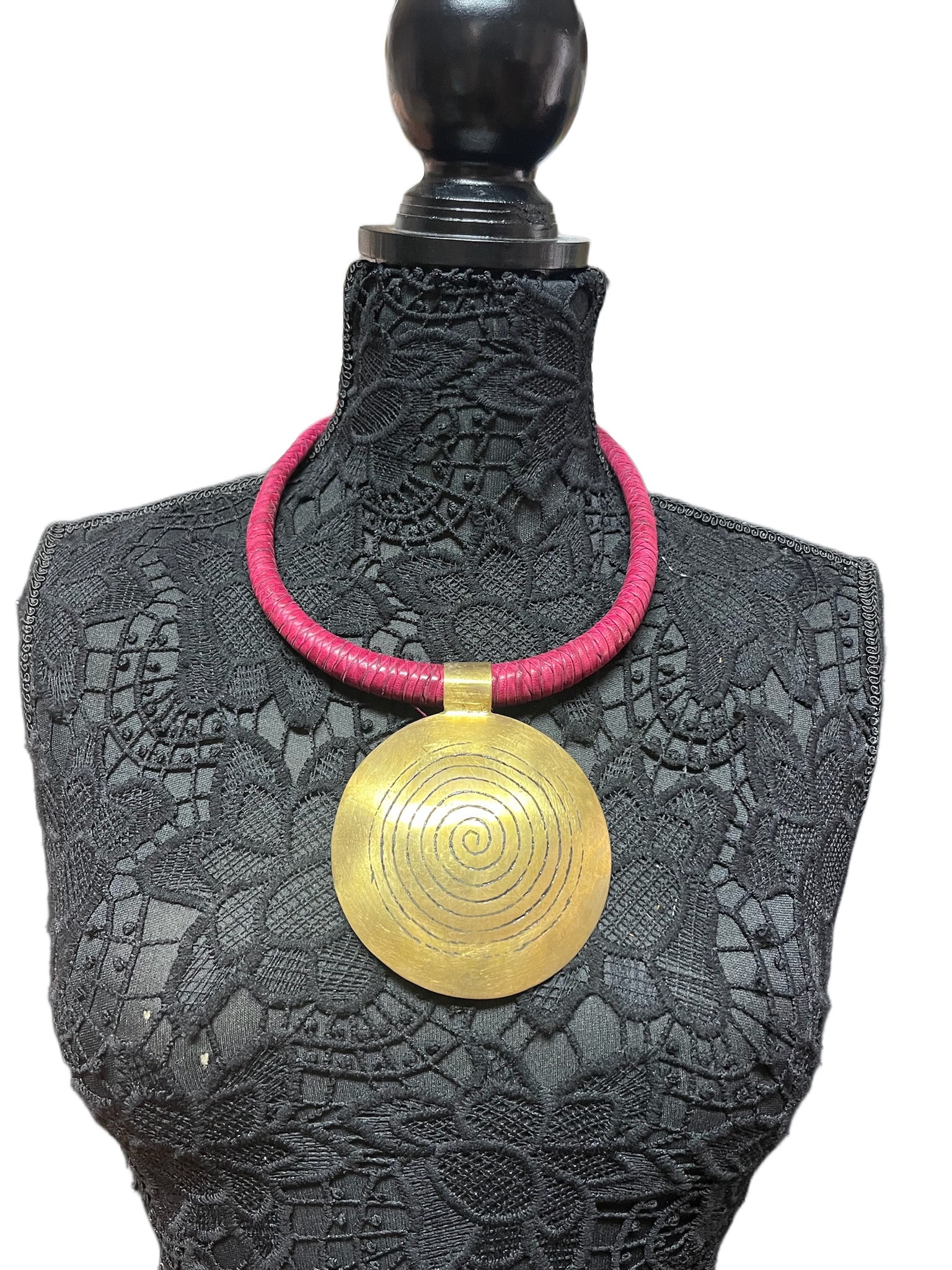 Pink Woven Leather & Large Brass Pendant Necklace