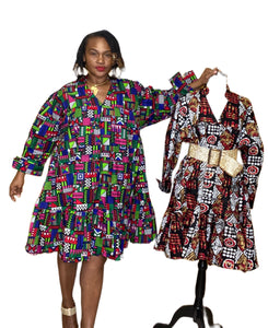 Long Sleeved Multi Print Short Dress