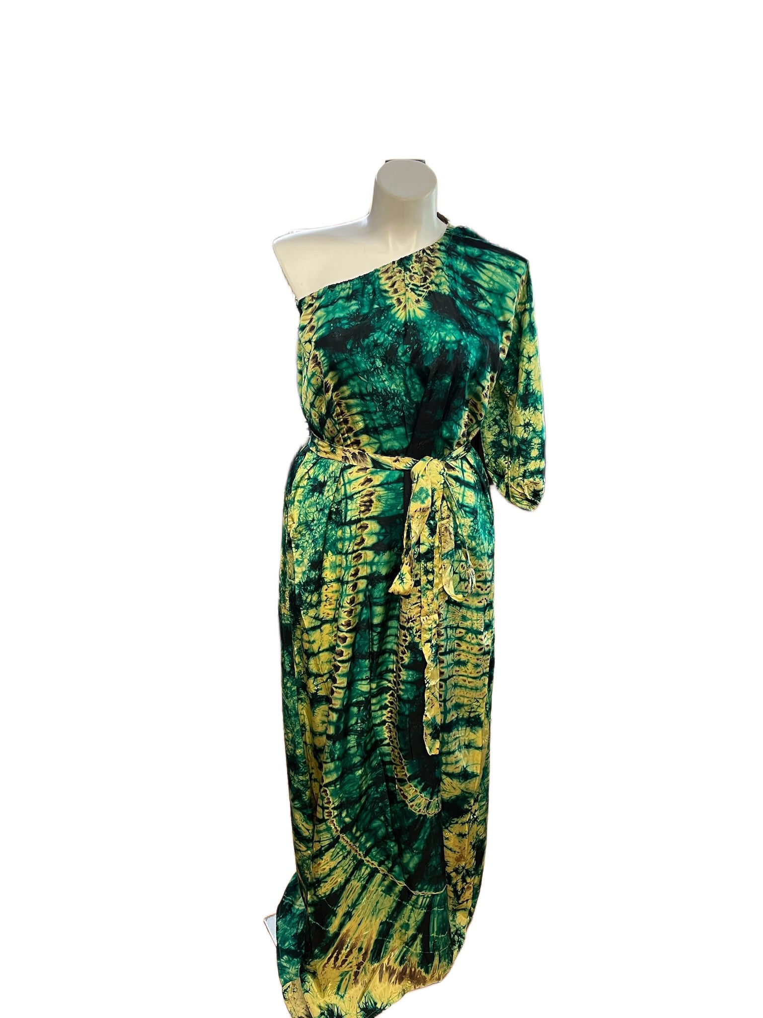 Adire’ One Shoulder Dress with Belt Green