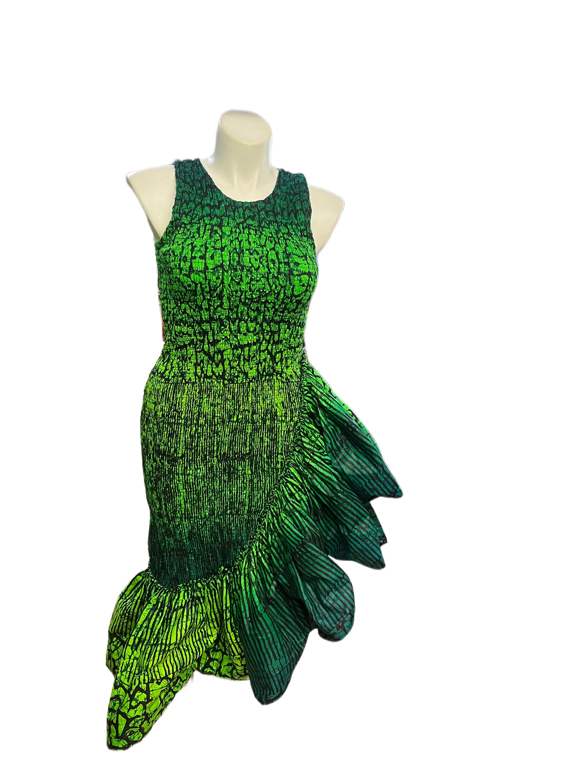 Smocked Ruffle Medi Dress Green Multi