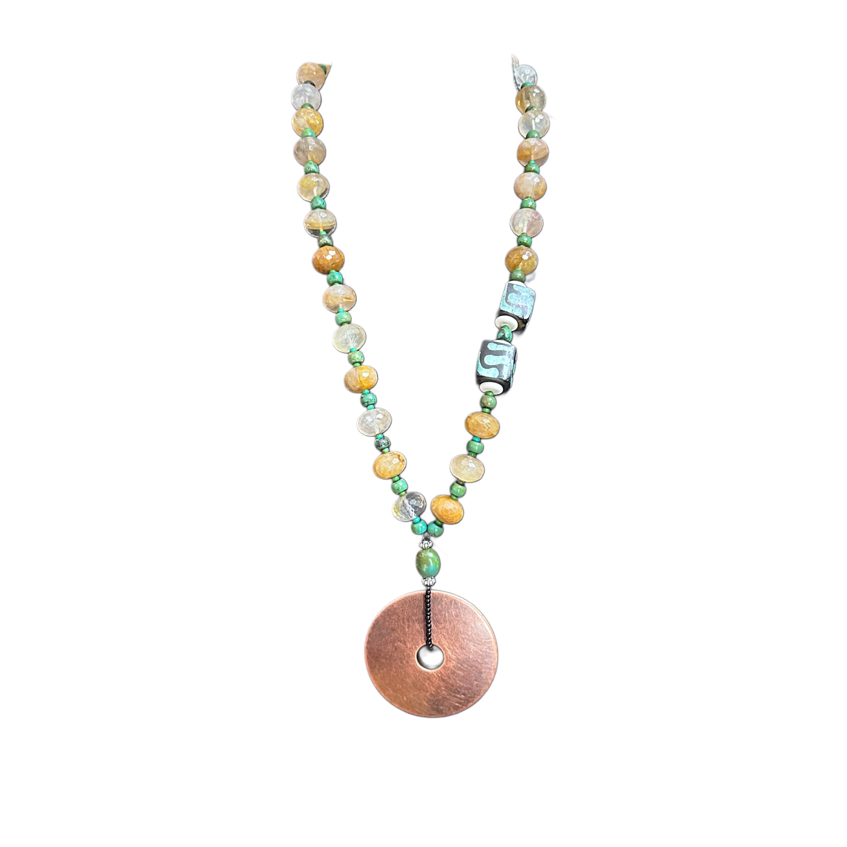 Handmade Citrine, Turquoise, & Tribal Dyed Bone Necklace with Large Copper Resin Pendant