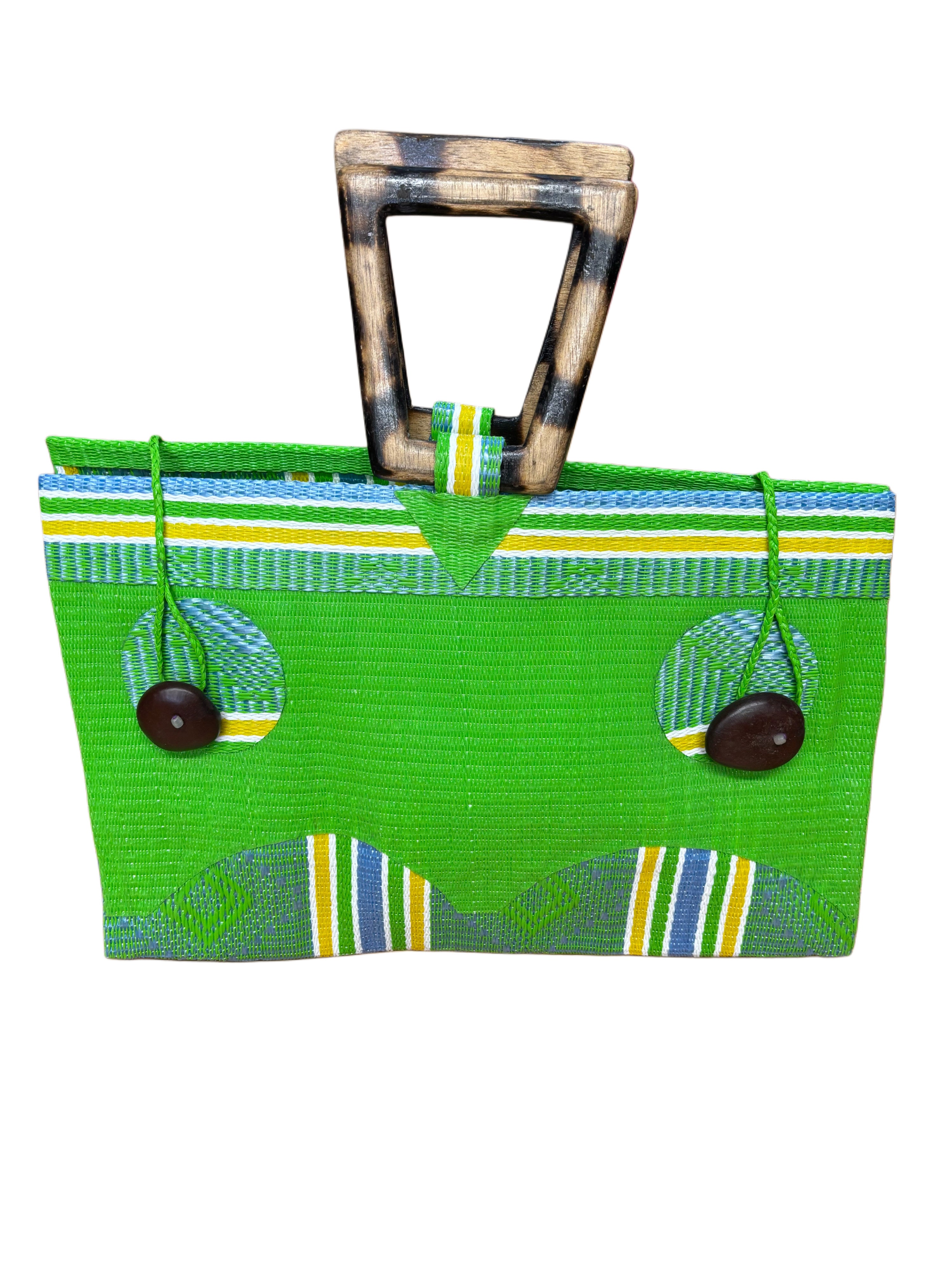 Green Handwoven Recycled Tote Bag With Carved Wood Handles