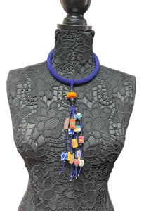 Blue Hand Beaded Long Collar Necklace