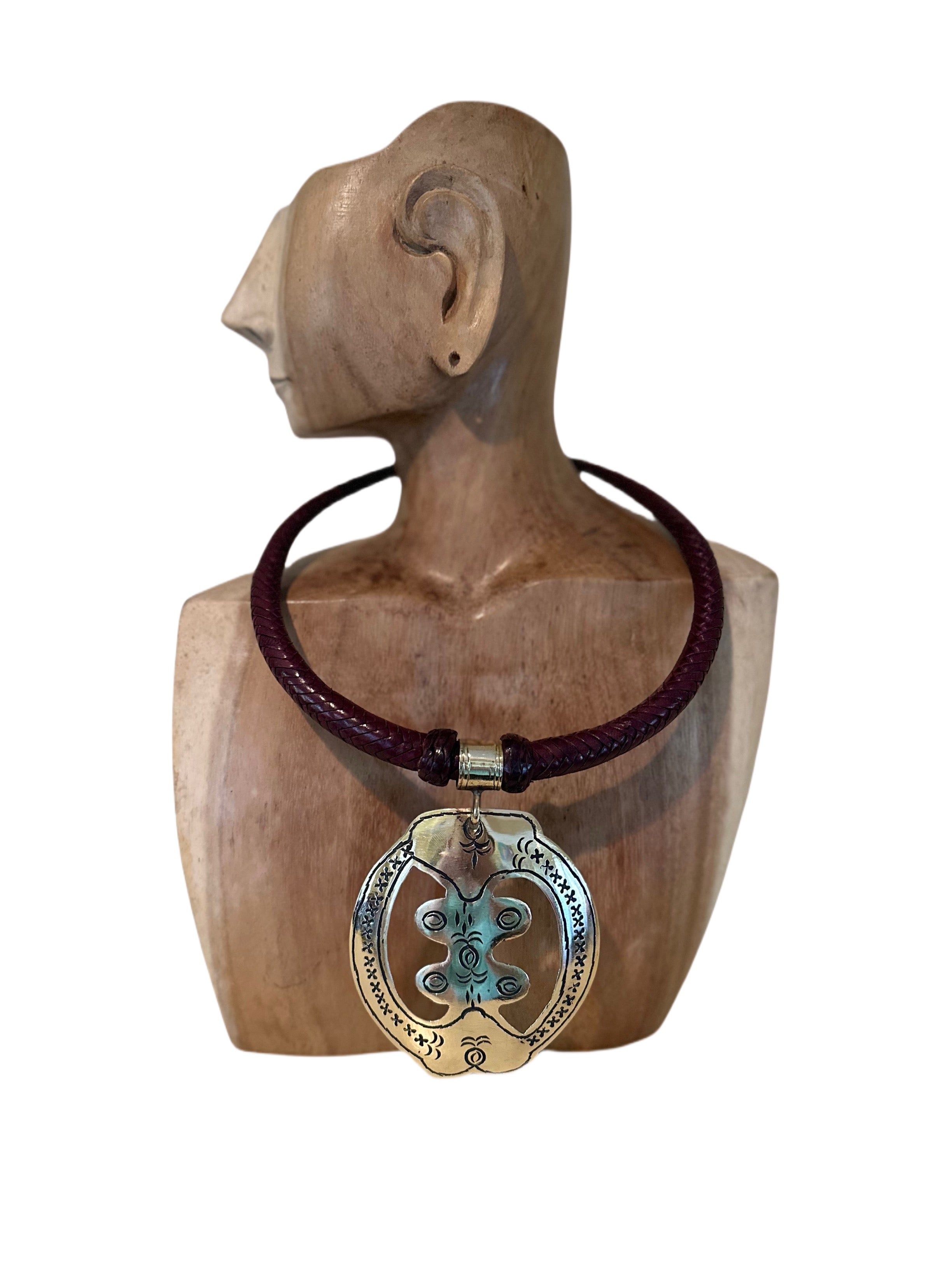 Leather Collar Necklace With Medium Sized Brass Pendant Brown