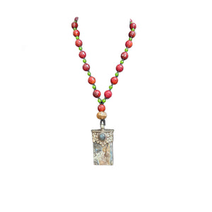 Handmade Aventurine & Carnelian Beaded Necklace with Large Labradorite Pendant