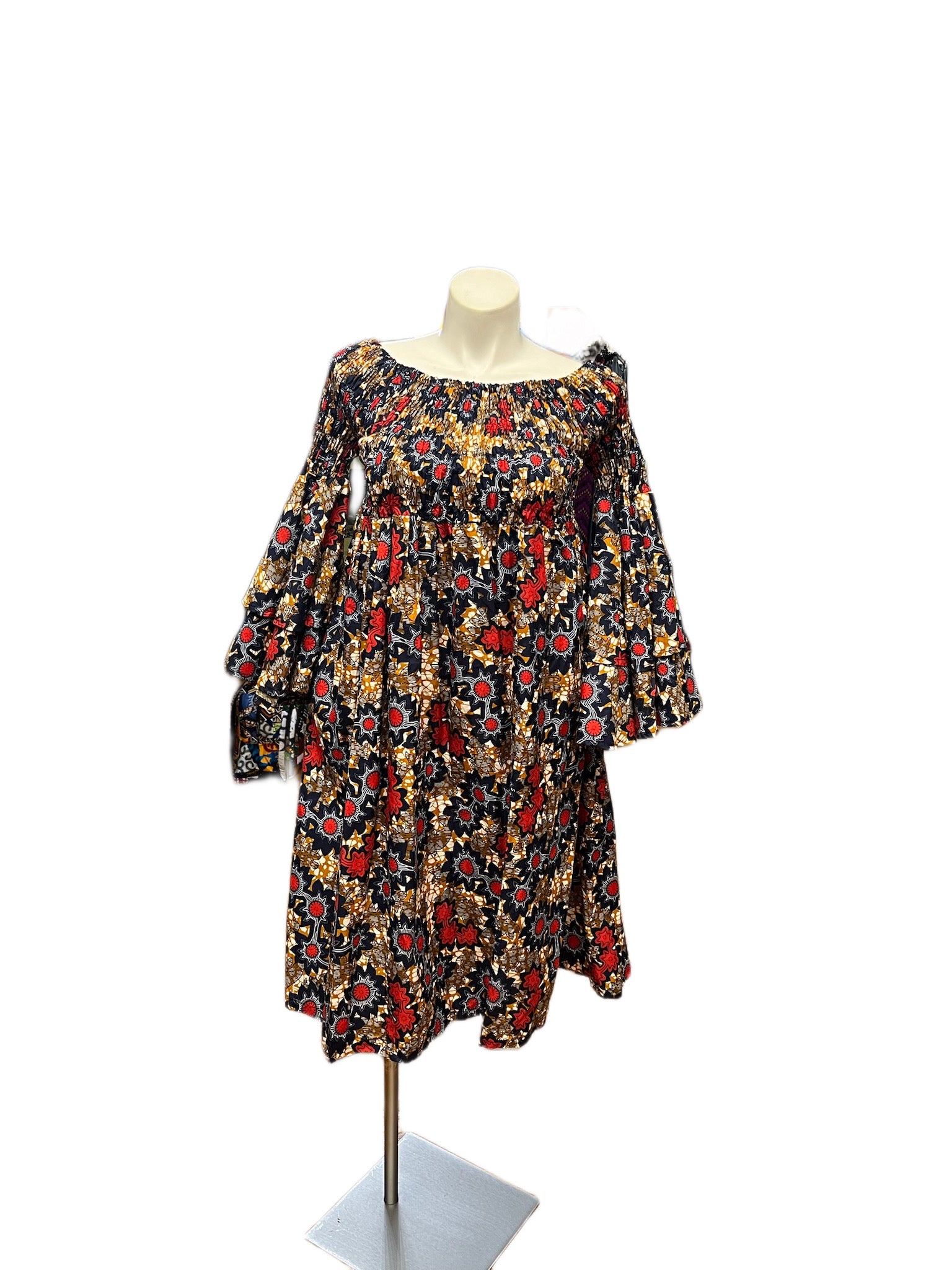 Smocked Top Ruffle Sleeve Multi Print Dress