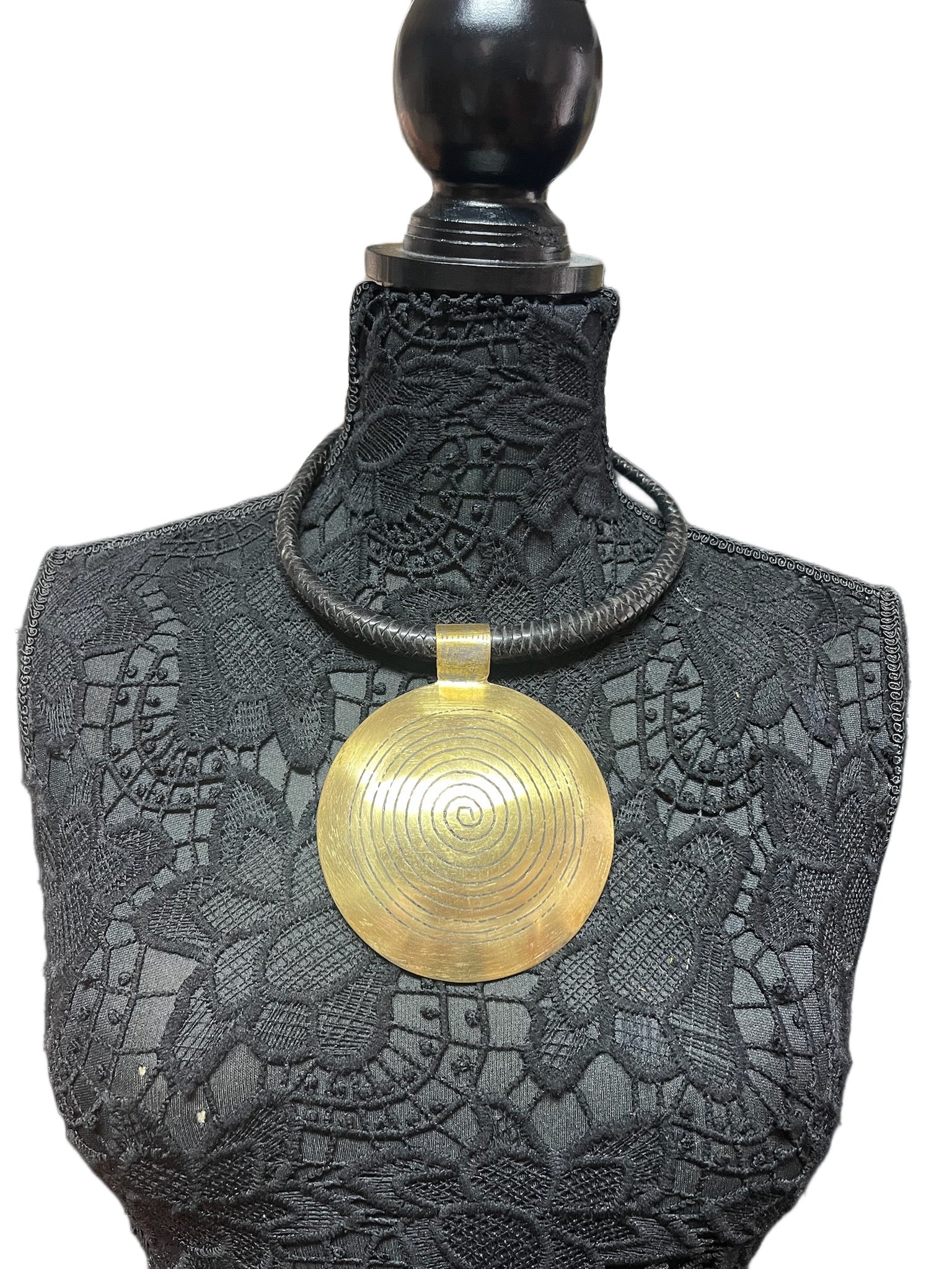 Black Woven Leather & Large Brass Pendant Necklace