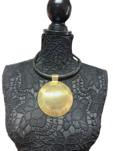 Black Woven Leather & Large Brass Pendant Necklace