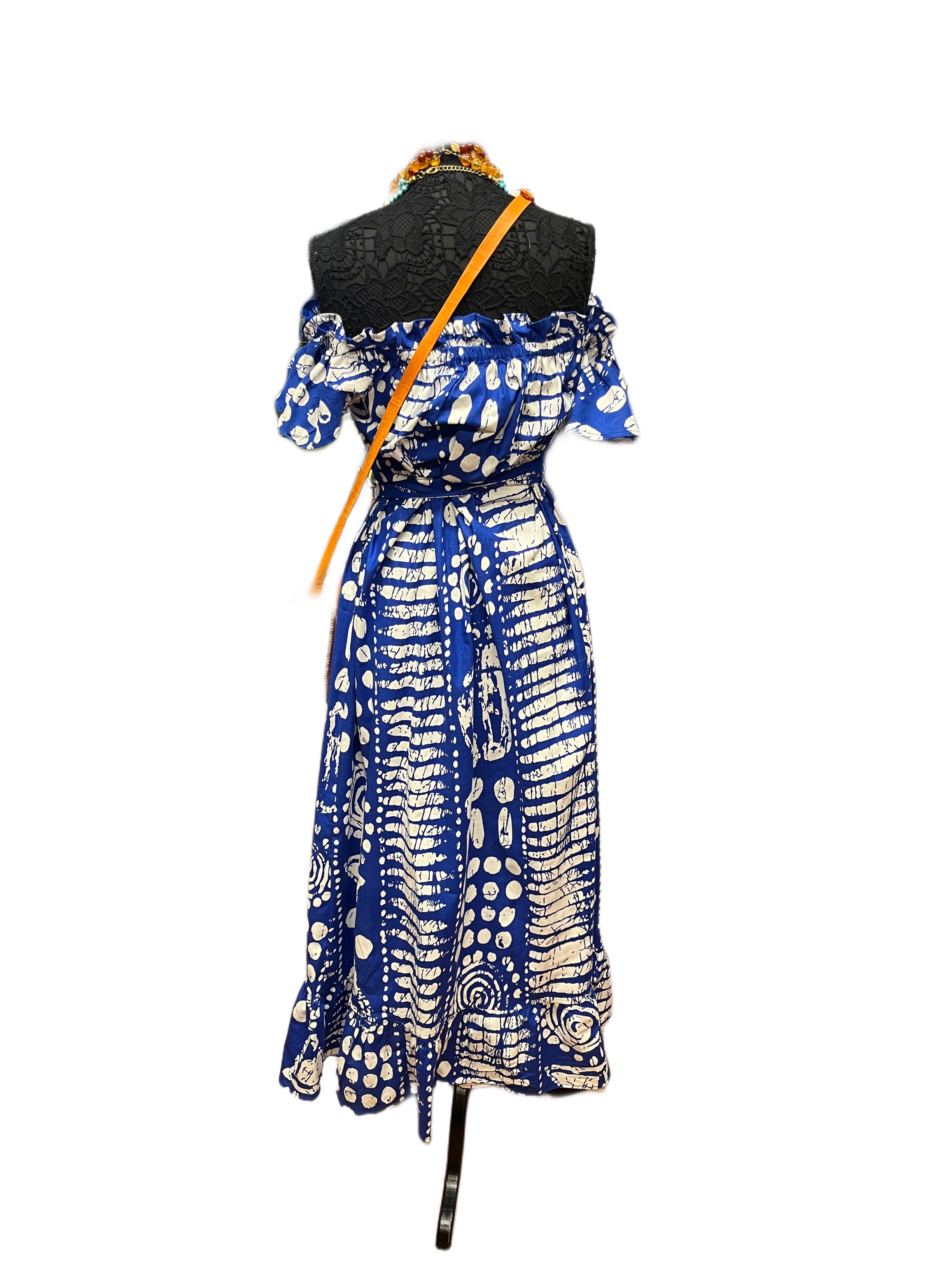 Blue & White Print Button Down Dress With Belt