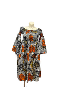 Smocked Top Ruffle Sleeve Multi Print Dress