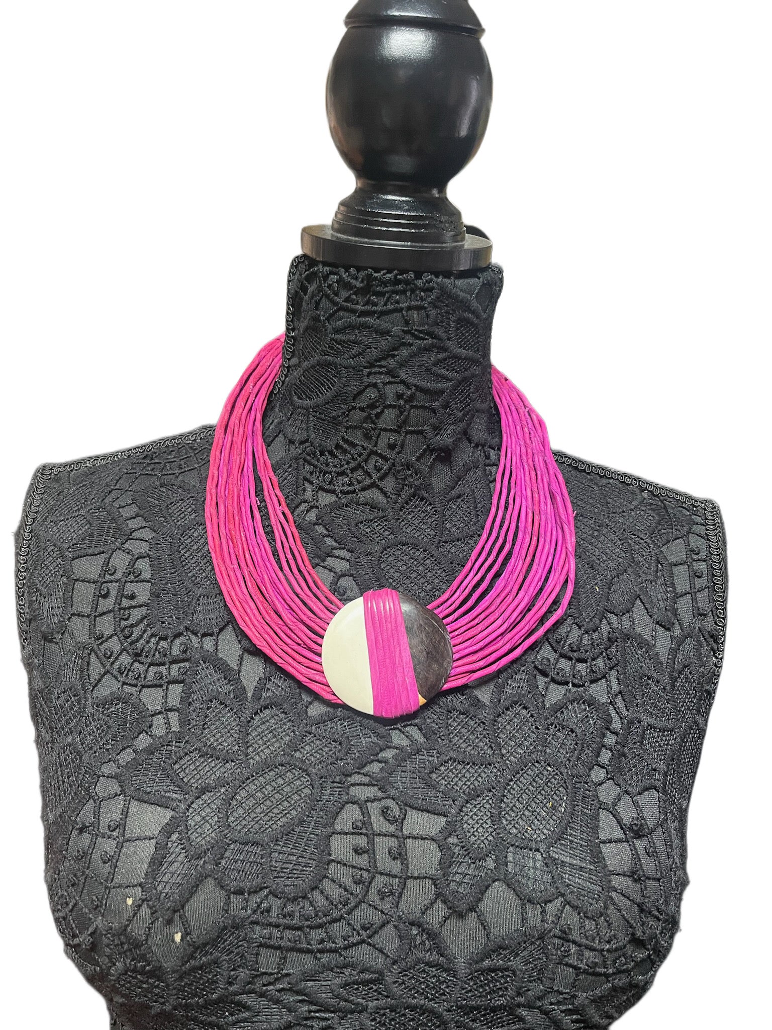 Rolled Pink Leather Necklace with Pendant