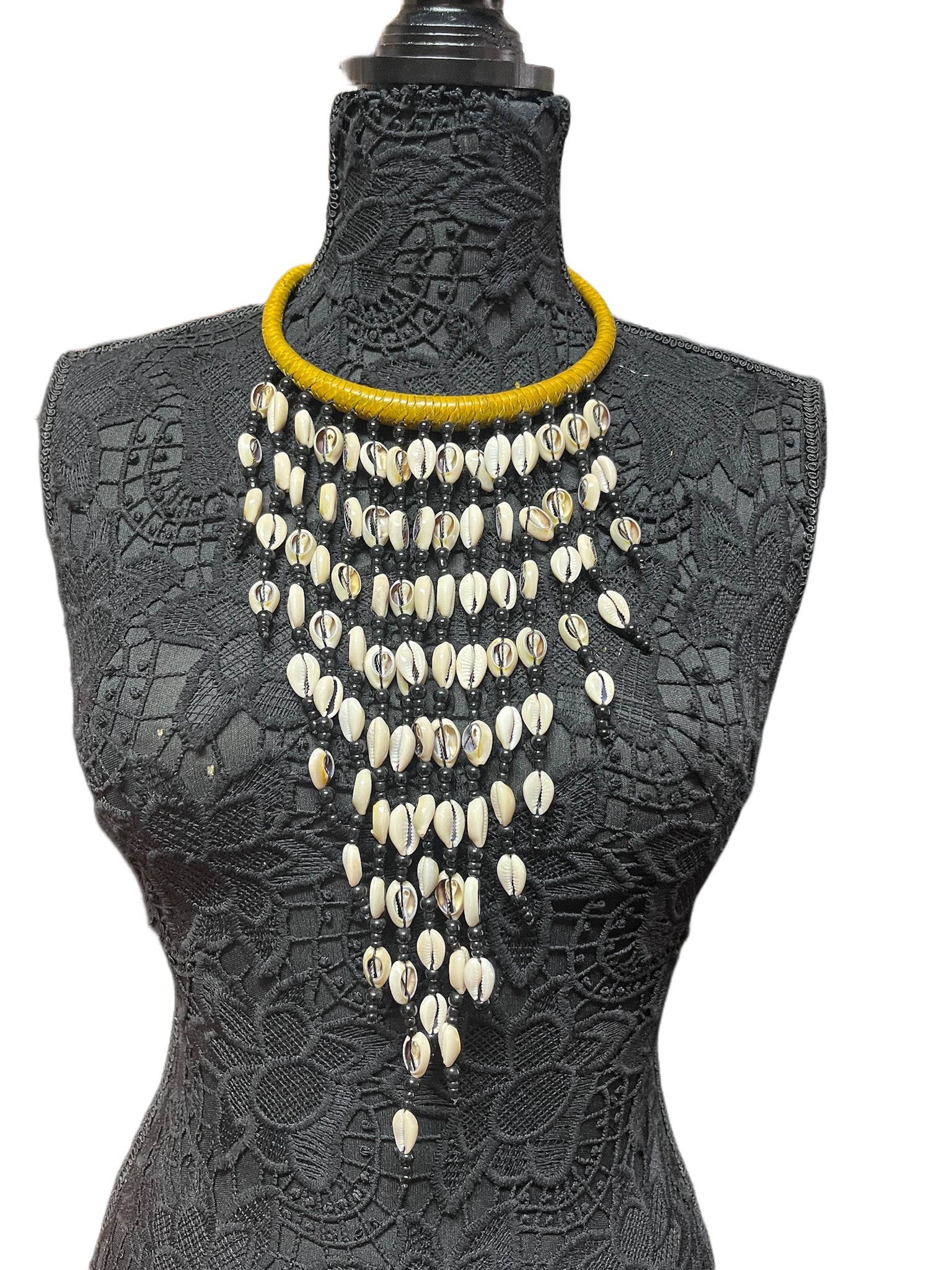 Yellow Woven Leather Necklace with Cascading Cowrie Shells