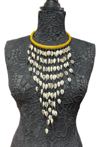 Yellow Woven Leather Necklace with Cascading Cowrie Shells