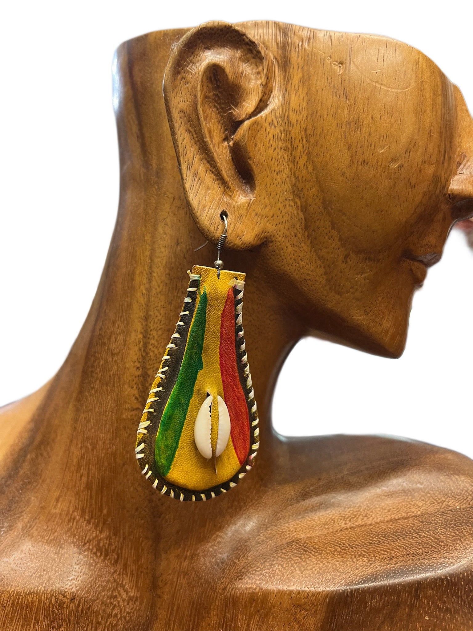 Handmade Leather Green Yellow & Red Cowrie Earrings