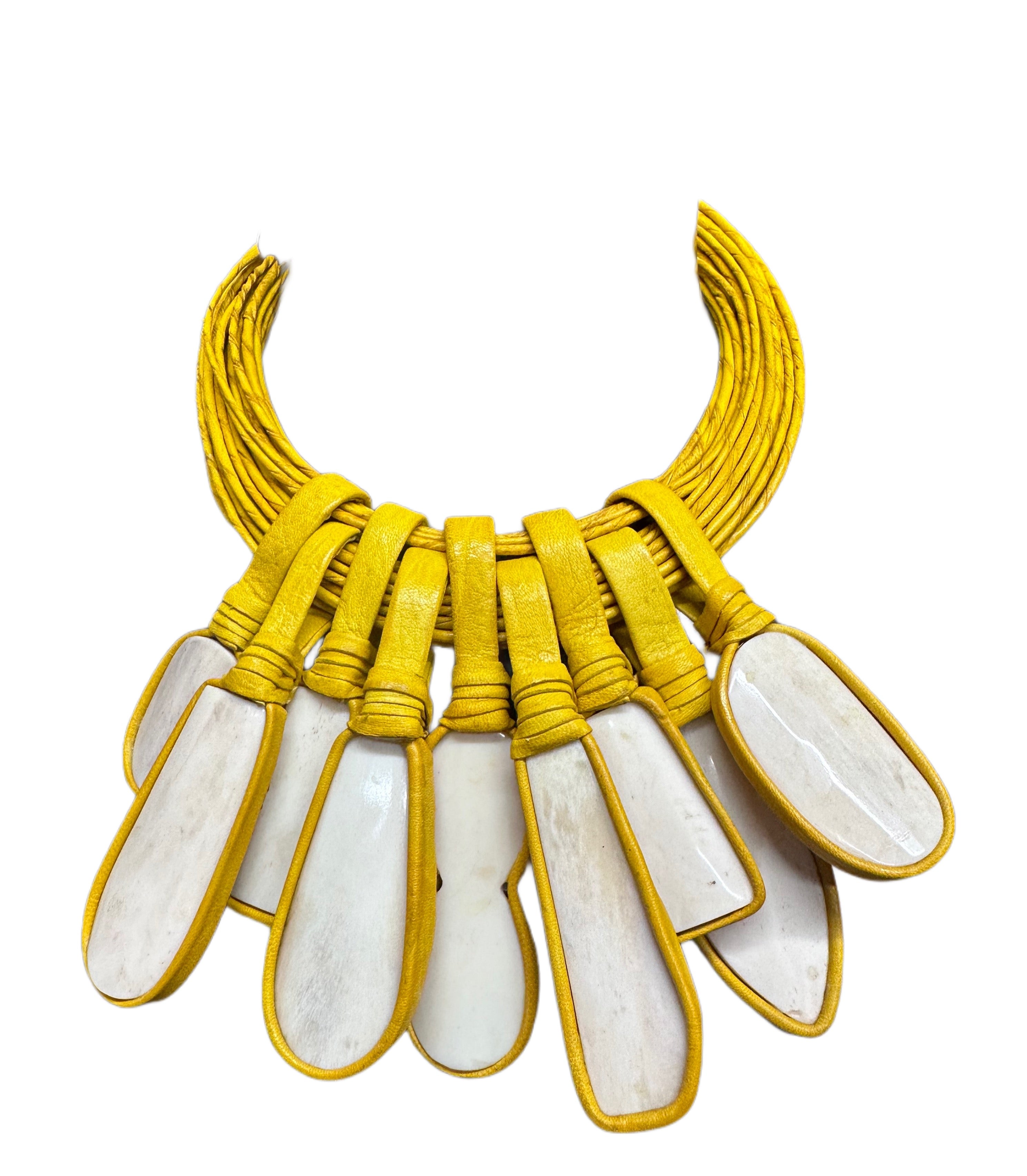 Yellow Rolled Leather and Bone Necklace