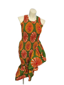 Smocked Ruffle Medi Dress Green & Orange Multi