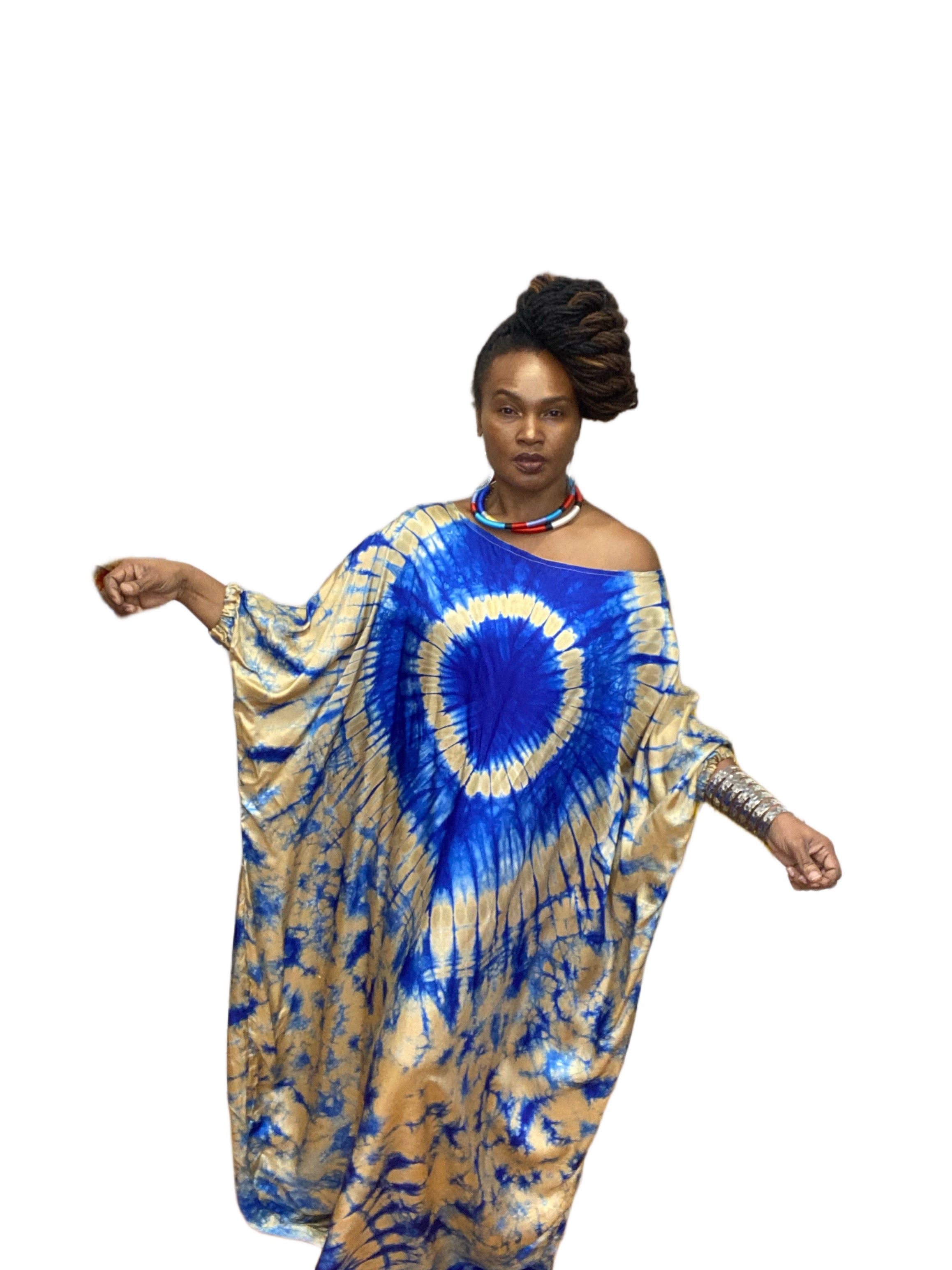 Handmade Adire' Silk Chiffon Kaftan with Headwrap