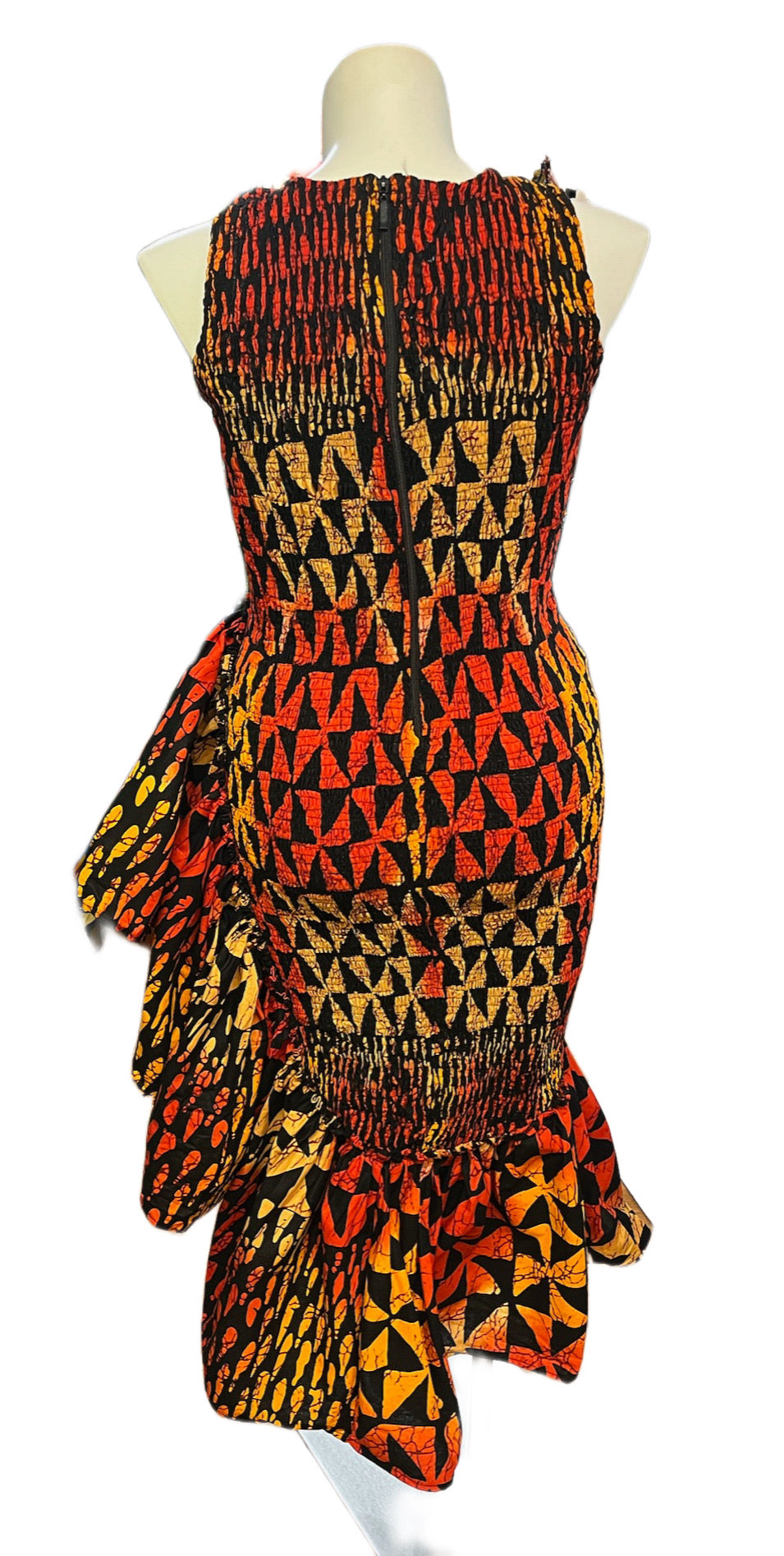 Smocked Ruffle Medi Dress Orange & Black Multi