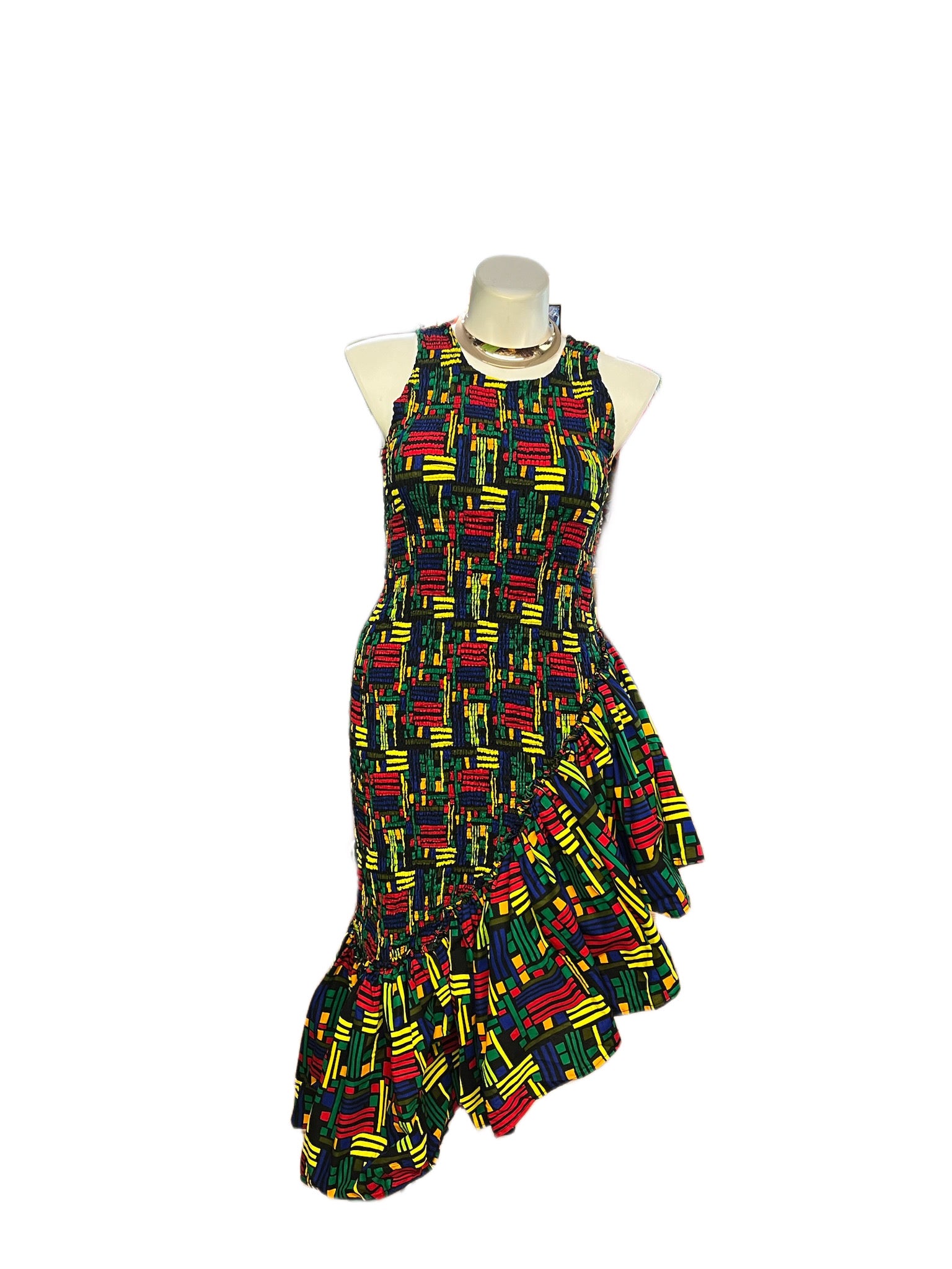 Smocked Ruffle Medi Dress Yellow Red & Green Print