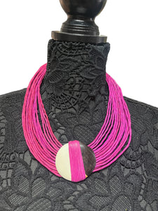 Rolled Pink Leather Necklace with Pendant