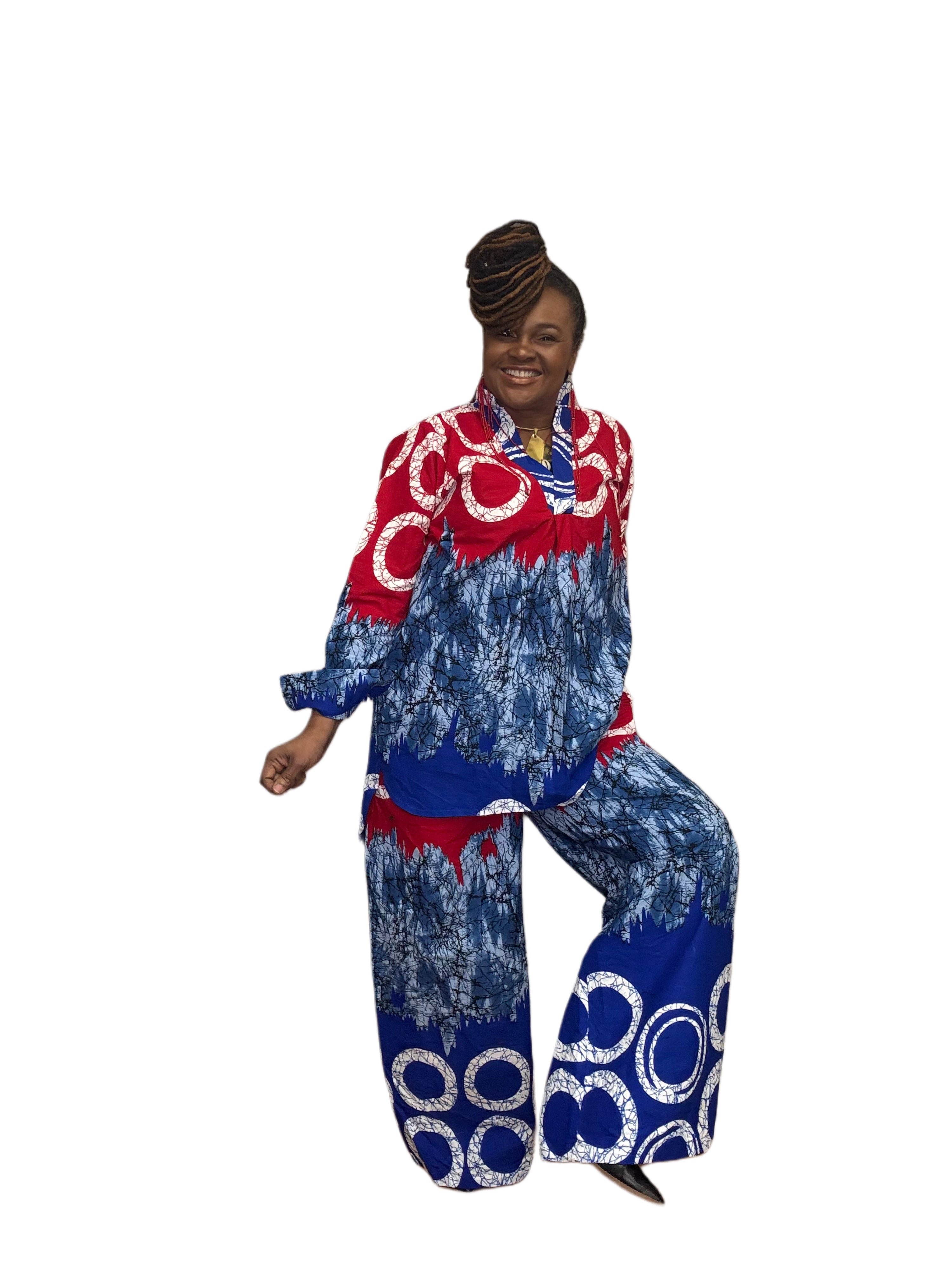 2 Piece Handmade Batik Top & Wide Leg Pant Set Red White & Blue Multi