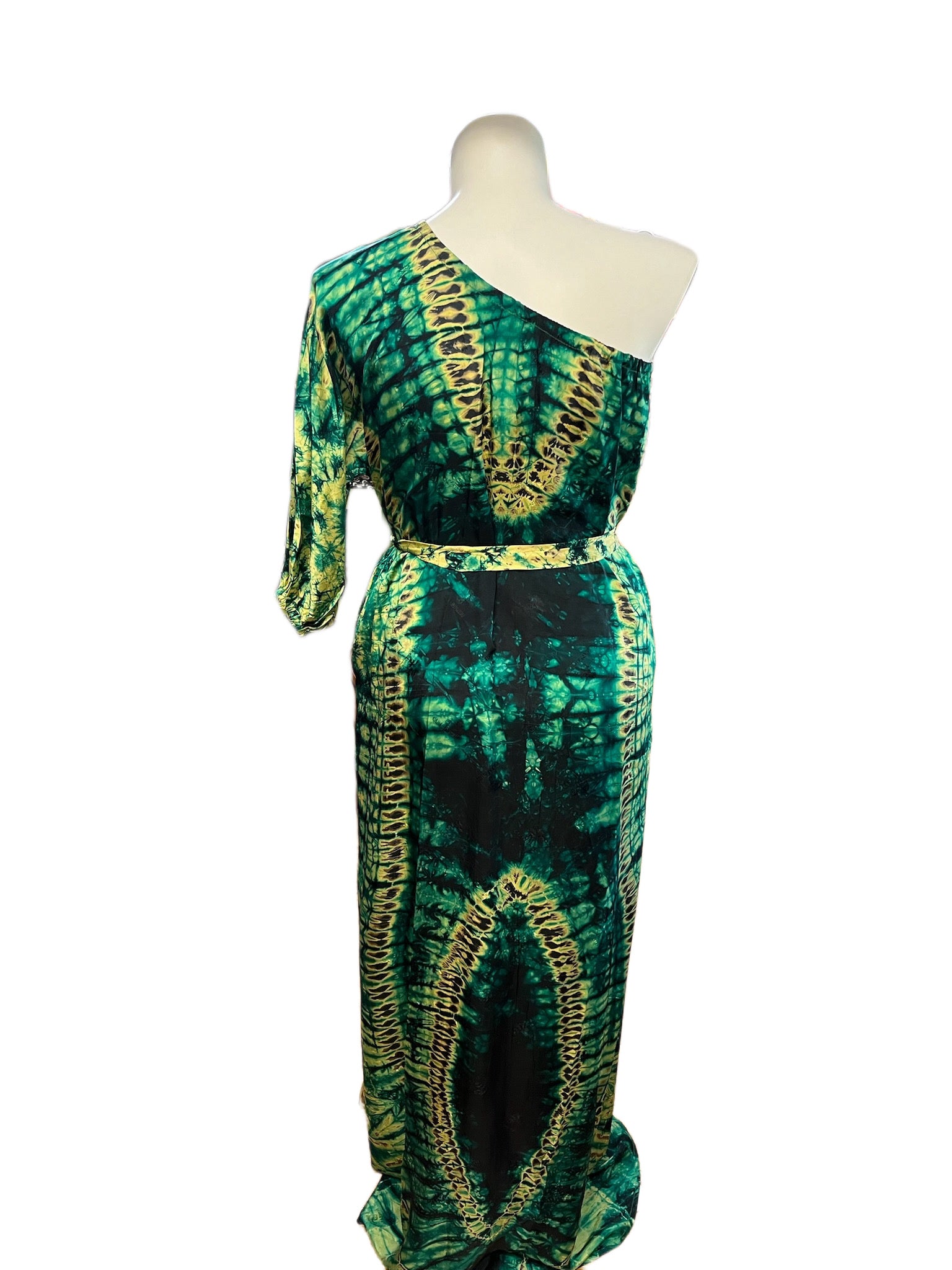 Adire’ One Shoulder Dress with Belt Green