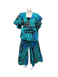 Green & Blue Multi Print Wrap Top and Pant Set