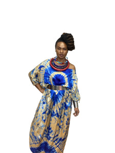 Handmade Adire' Silk Chiffon Kaftan with Headwrap