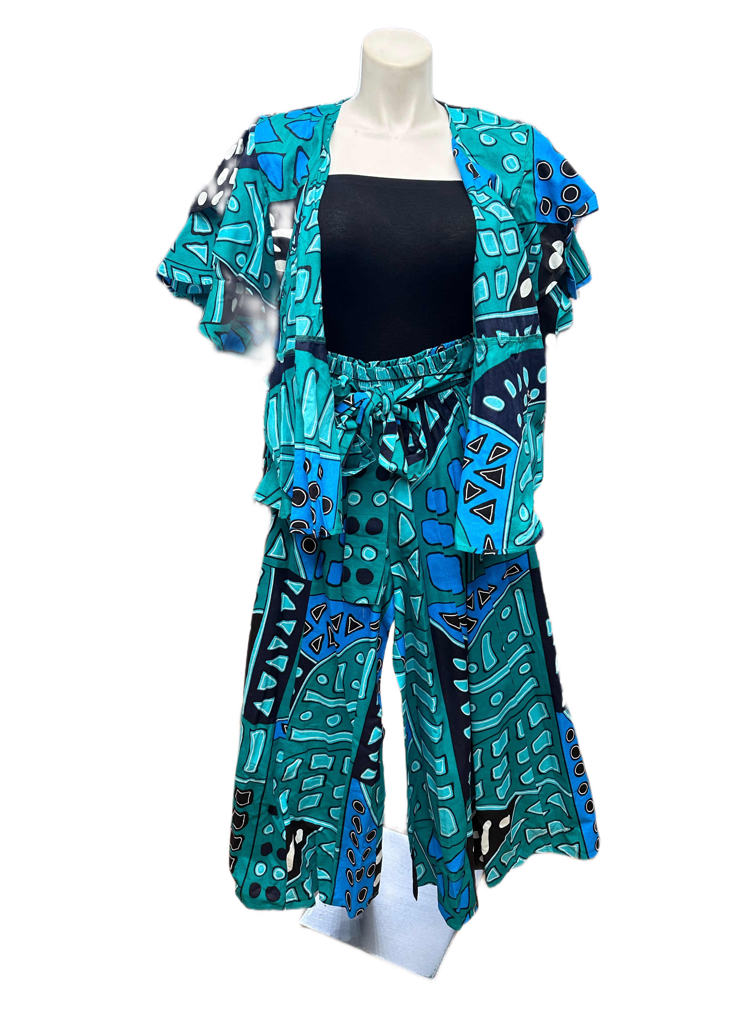 Green & Blue Multi Print Wrap Top and Pant Set