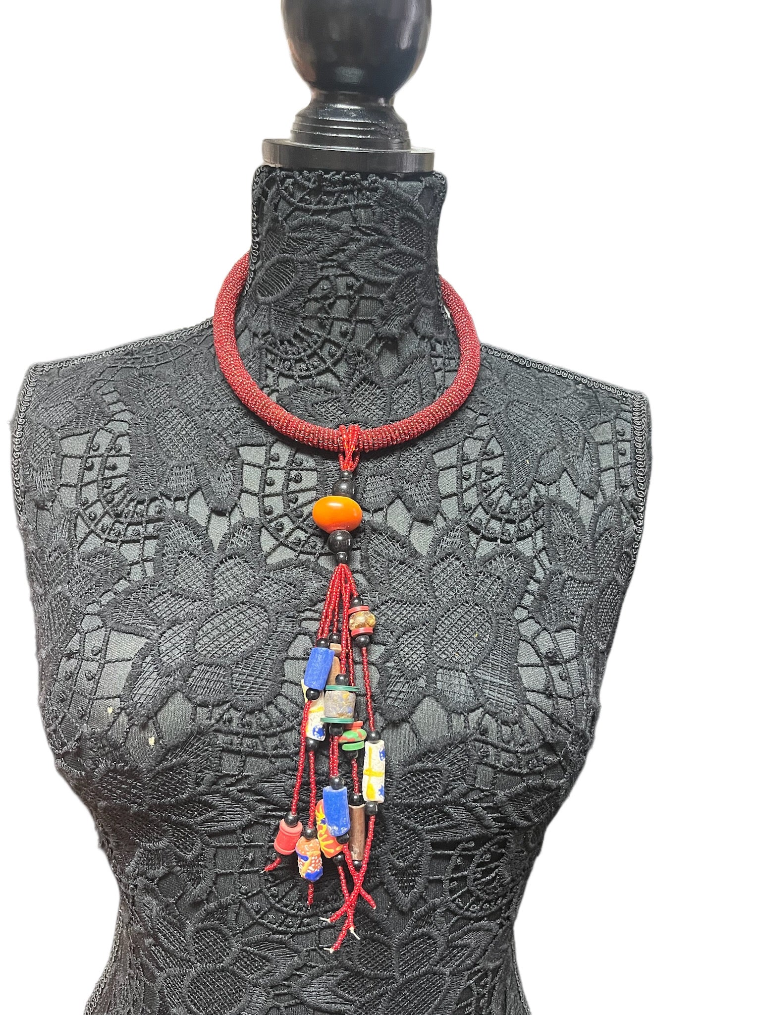 Red Hand Beaded Long Collar Necklace