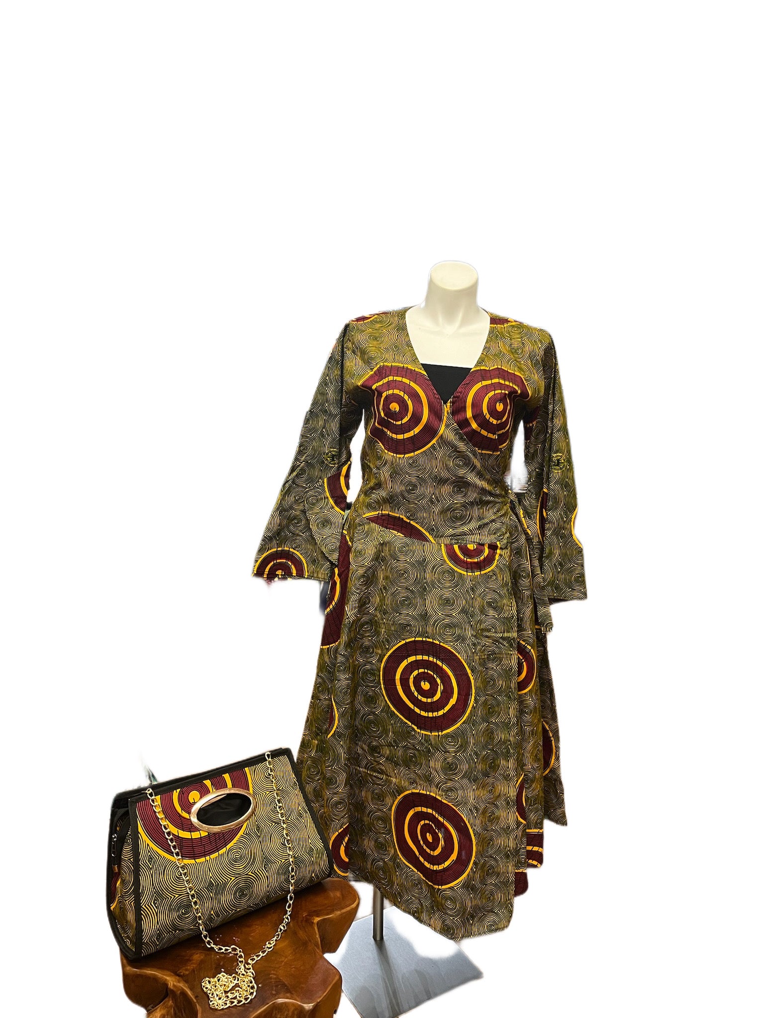 Multicolor Print Wrap Dress Set with Bag