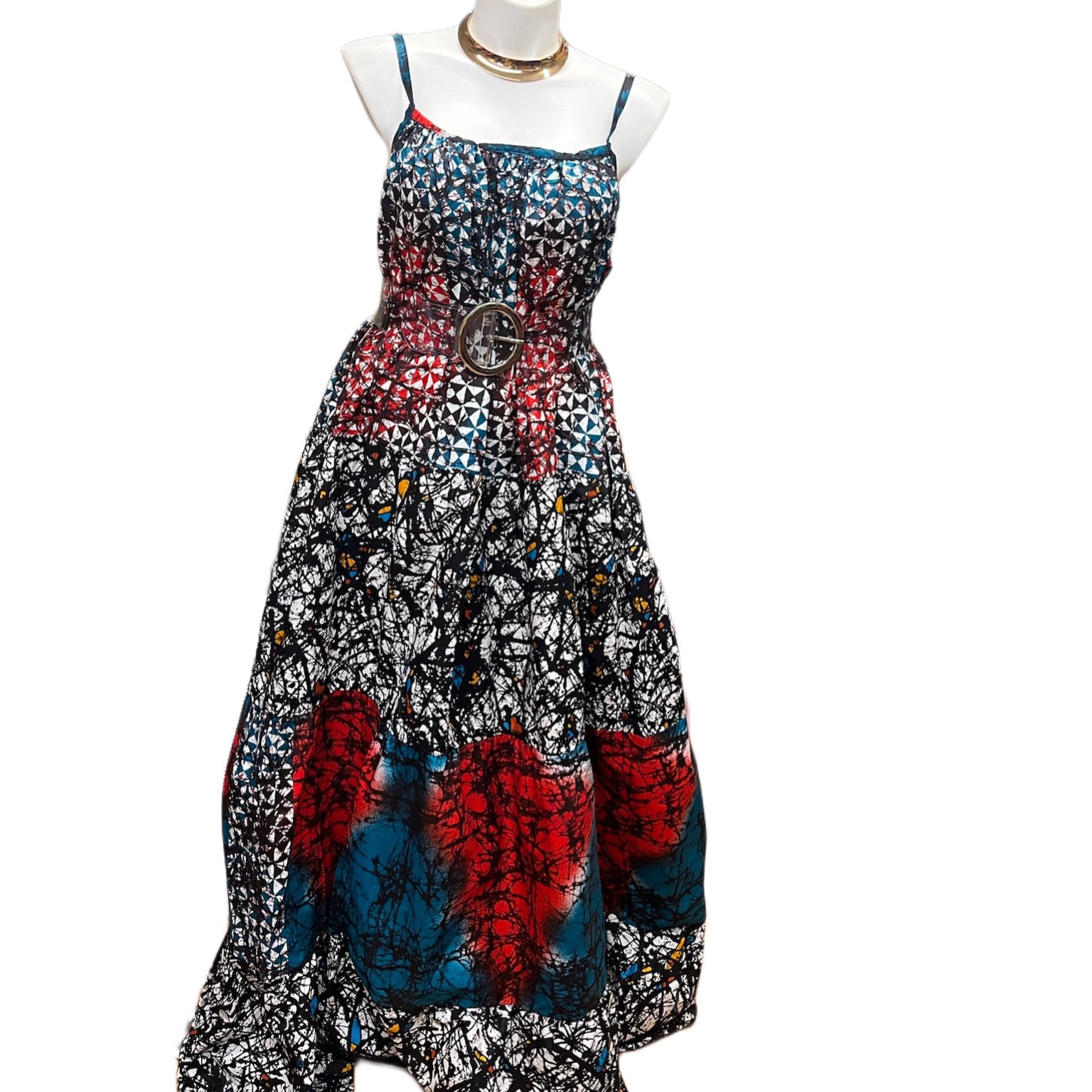 Batik Maxi Dress Black White & Red Multi